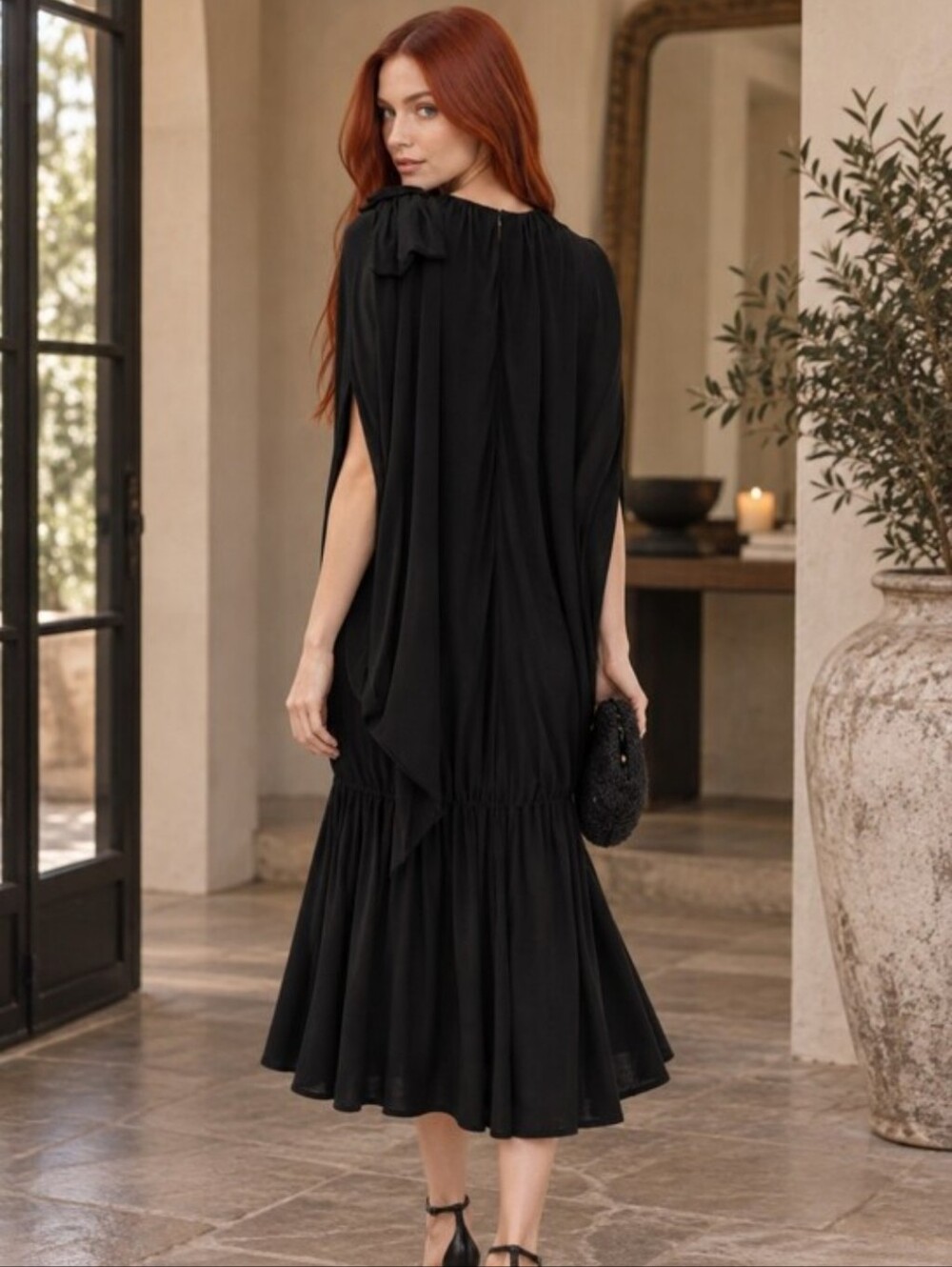 Simone Rocha Black Egg Dress Midi Bow Cape Drop Waist Avant Garde Designer CC